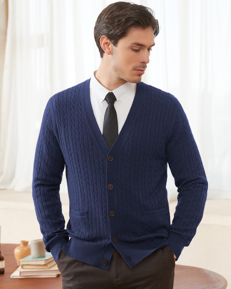 Kallspin Men's Cardigan Sweater Wool Blend Cable Knit V Neck Buttons Cardigan with Pockets(Navy Blue, Large) - Image 2